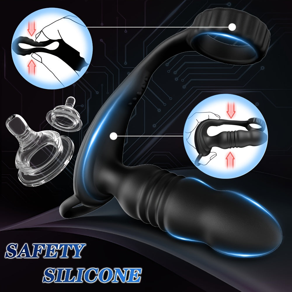 Black Blue Dual Motor Anal Plug Vibrator: Prostate Massager with Ring Plug, Remote Control, 10 Thrust & Vibration Modes, G-spot Stimulation , USB Charging, Latex Material