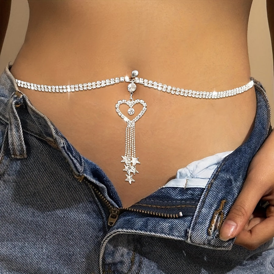 Chic Silvery Tassel Heart Belly Button Ring - Sexy Rhinestone Waist Chain for Women, Perfect for Parties & Festivals
