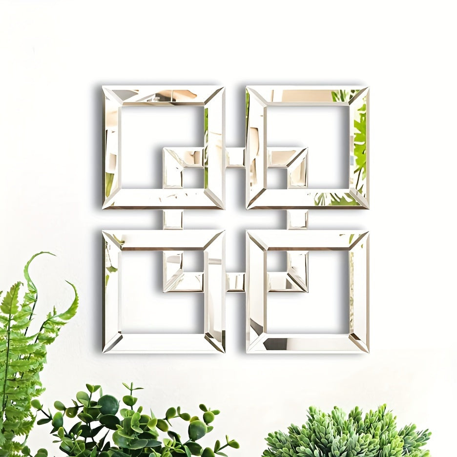 1 Piece Glam Style Square Wall-Mounted Mirror, Frameless Polished Finish, Glass Frame with Mirrored Edge, Horizontal Orientation, Interlocking Fretwork Design - Versatile Hanging Options for Living Room, Bedroom, And Entryway