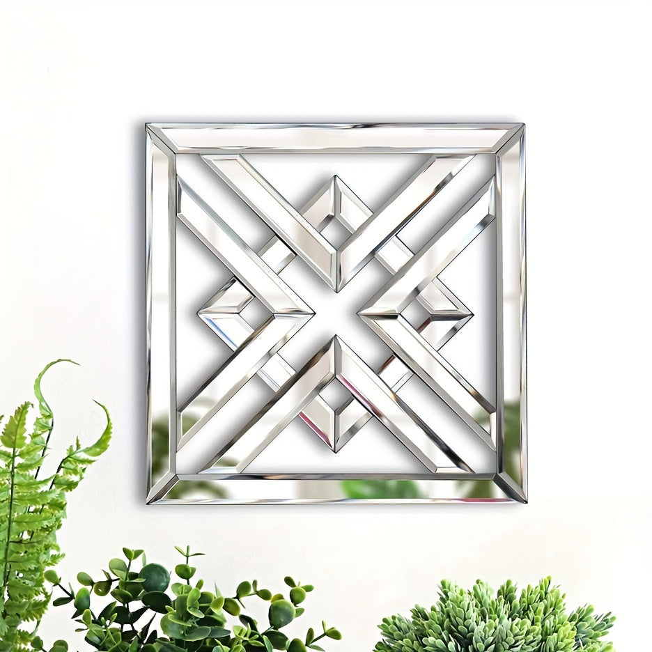 1 Piece Glam Style Square Wall-Mounted Mirror, Frameless Polished Finish, Glass Frame with Mirrored Edge, Horizontal Orientation, Interlocking Fretwork Design - Versatile Hanging Options for Living Room, Bedroom, And Entryway