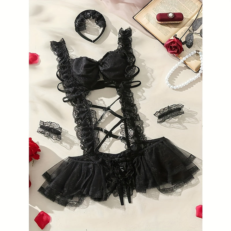 Cute Embroidered Mesh Teddy Bodysuit with Lace Trim, Geometric Pattern, Bow Detail, Adjustable Lace Dress - Includes Matching Hand and Head Accessories - Adult Polyester Blend Lingerie Set