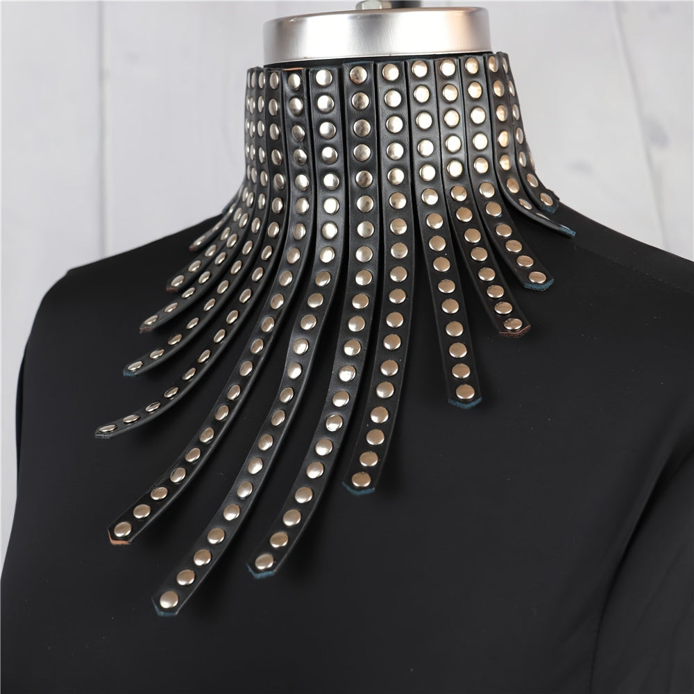 Women's Black Pu Necklace with Exaggerated Rivet Decoration & Tassel - Gothic Style Halloween