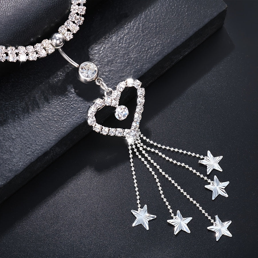 Chic Silvery Tassel Heart Belly Button Ring - Sexy Rhinestone Waist Chain for Women, Perfect for Parties & Festivals