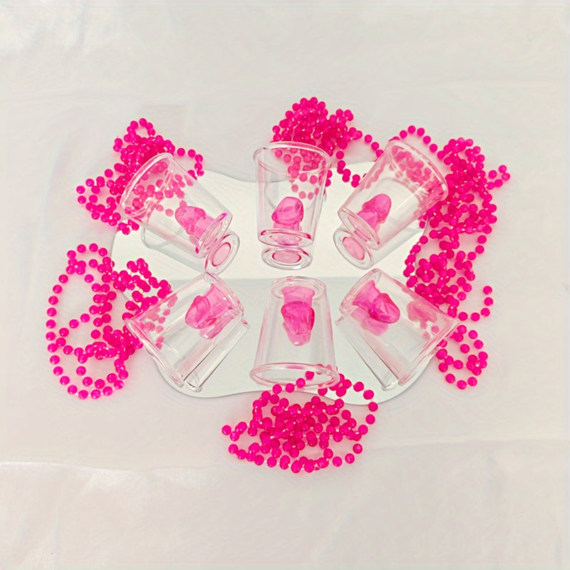 6-Pack Pink Beaded Necklaces with Party Shot Glasses - Plastic Cup Decorations for Bridal Shower, Bachelor Party, Wedding, Baptism, Tailgating | Theme: Carnivals | No Electricity Needed | Ideal for Christmas, Halloween, Hanuk