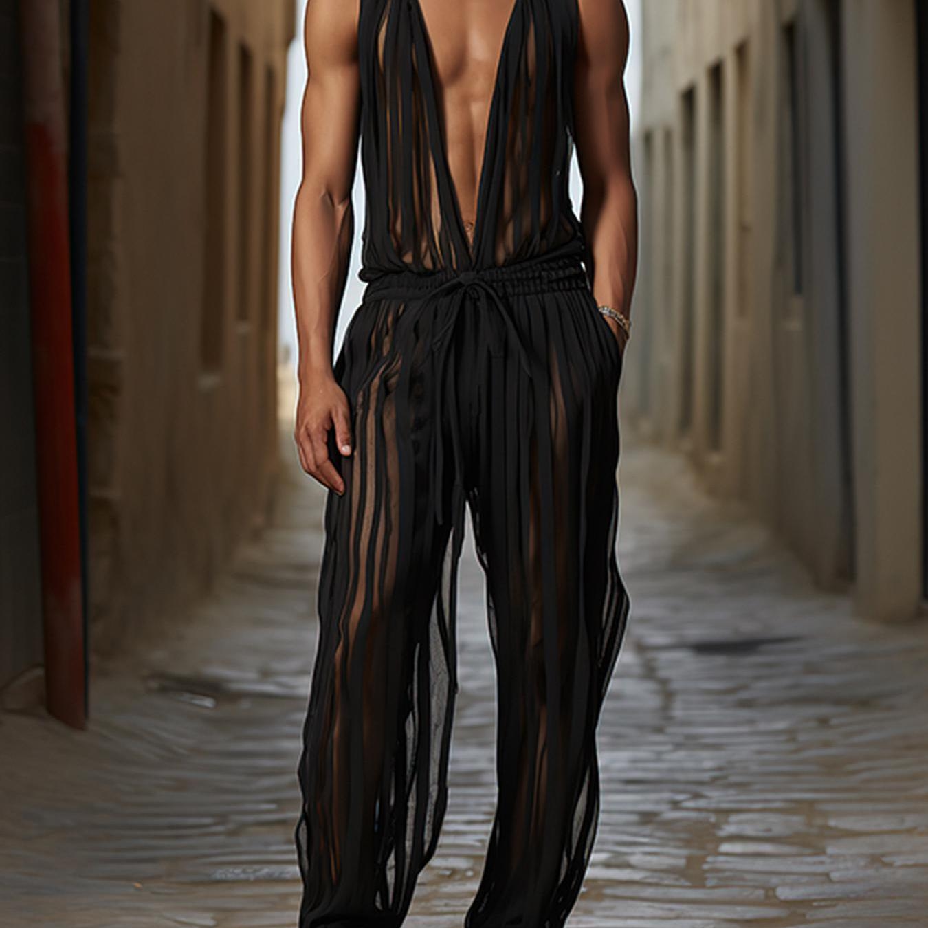 Men Hot Sexy Mesh Stripe Deep V Neck Sheer Sleeveless Nightclub Party Jumpsuit