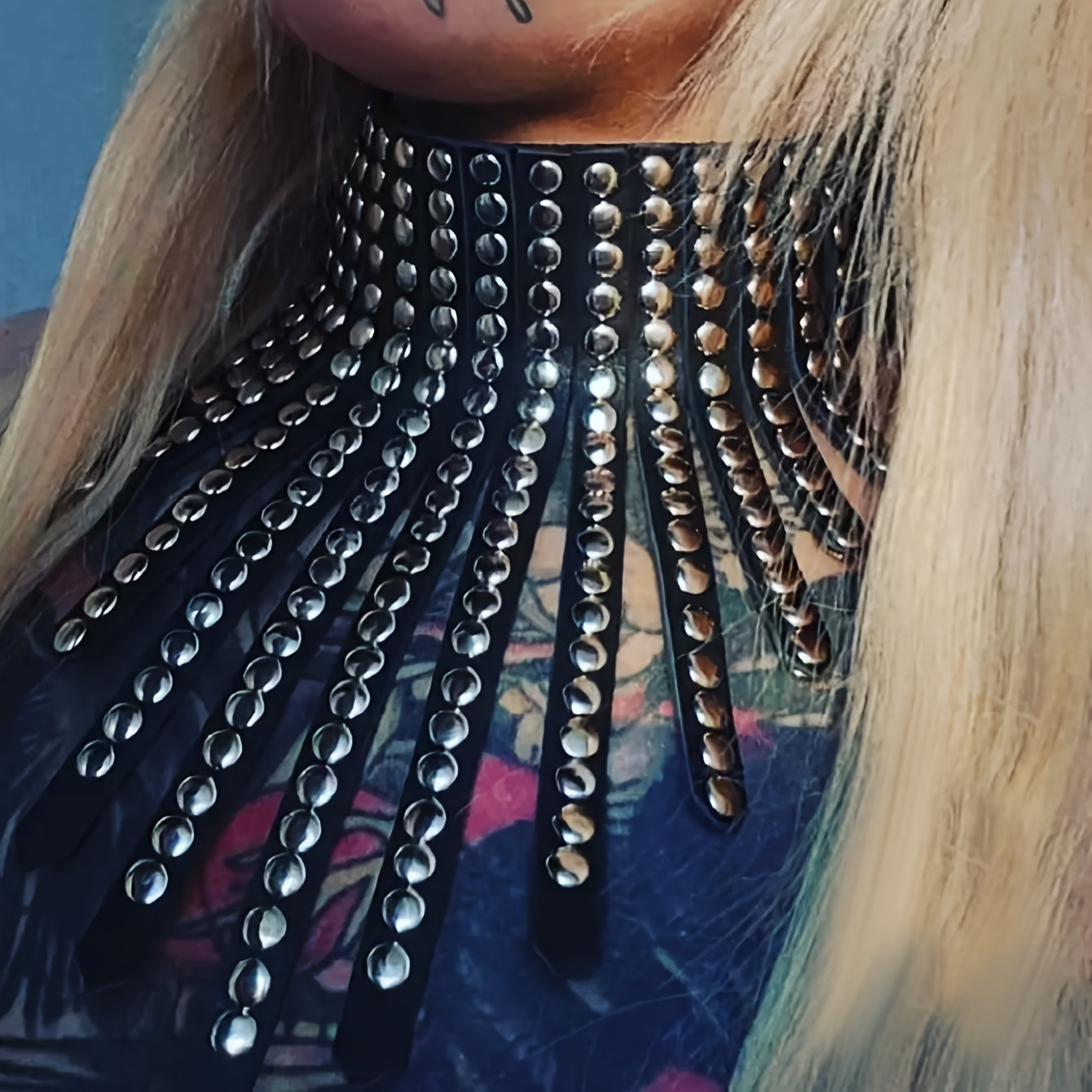 Women's Black Pu Necklace with Exaggerated Rivet Decoration & Tassel - Gothic Style Halloween
