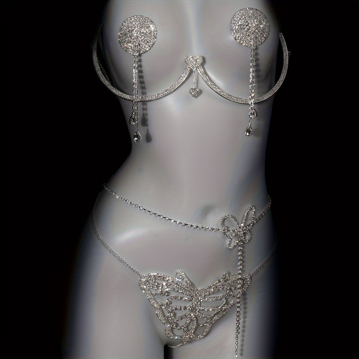 Set Women'S Sexy Exaggerated Sparkling Rhinestone Bikini Thong Body Chain Ensemble, Silver Plated, All-Year Round, Party Style, Fashion Jewelry Accessories 4pcs