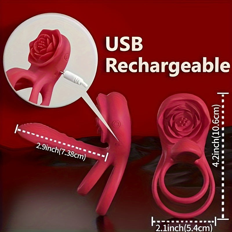 Double Vibrating Cock Ring with Rose Clitoral Stimulator, Electric Penis Sleeve Vibrator Couples Adult Sex Toys with G Spot Clitoris Stimulating, Dual Motors & 9 Vibrations