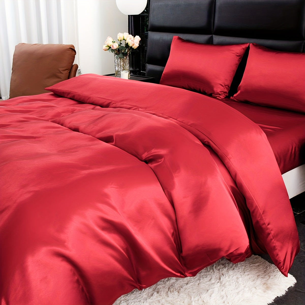 3pcs Luxurious Satin Bedding Set - Soft & Breathable Polyester, Includes 1 Duvet Cover and 2 Pillowcases, Machine Washable, Perfect for All Seasons