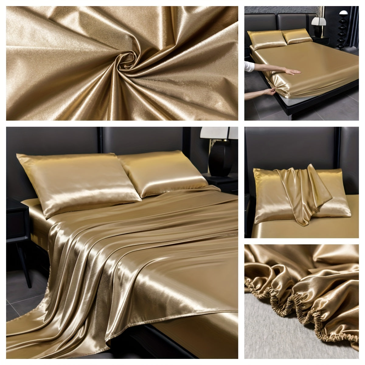 Deluxe satin fitted bed sheet set (1pc flat bed sheet +1pc fitted bed sheet +2pcs pillowcase, without core) high brightness, non-slip, breathable, reversible, long washing as new, suitable for bedrooms, guest rooms, hote
