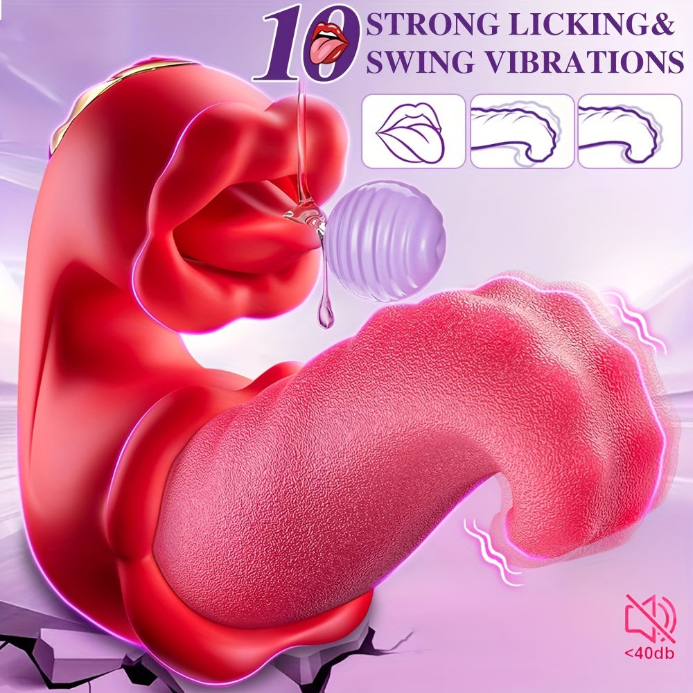 Female Vibrator Adult Toys - 4-in-1 Tongue Push Vibrator Rose Sex Toys, 10 Licking and Swinging Modes, Pleasure Tool, Suitable for Female Couples to Play