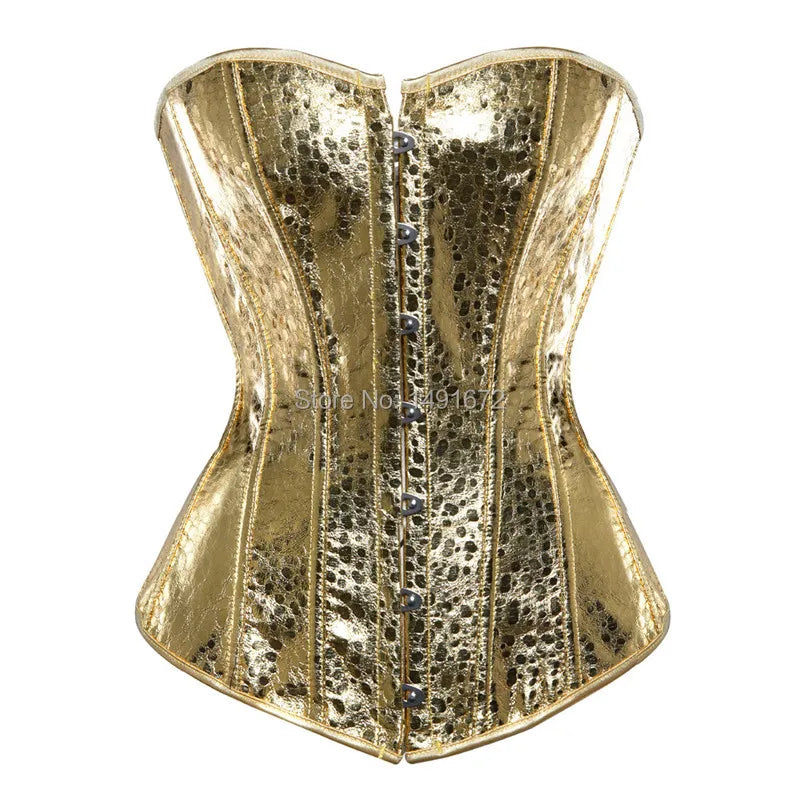 0025 sexy faux leather corset lingerie bustiers top Steampunk gothic punk corset burlesque plus size nightclub costume gold sliver