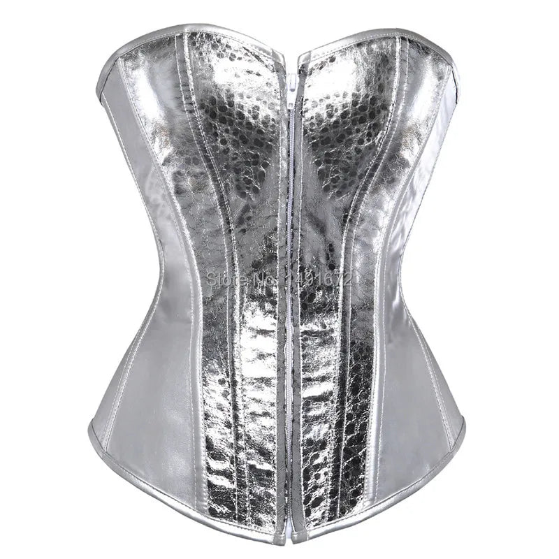 0025 sexy faux leather corset lingerie bustiers top Steampunk gothic punk corset burlesque plus size nightclub costume gold sliver