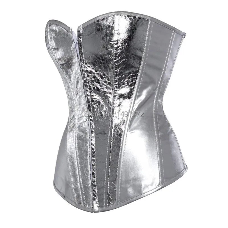 0025 sexy faux leather corset lingerie bustiers top Steampunk gothic punk corset burlesque plus size nightclub costume gold sliver