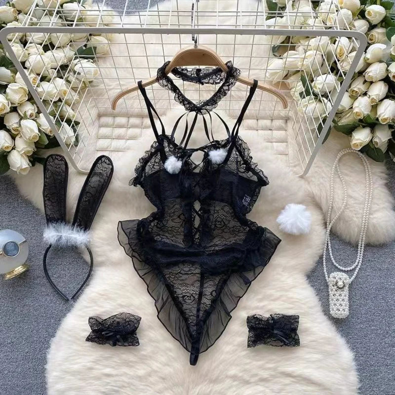 Sexy Lingerie Cosplay Rabbit girl Jumpsuit Belt Women New In Clothies Backless Hollow Out Lace-up Bodysuit Sweet