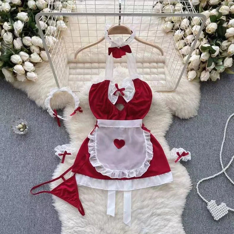 0023 Women's Secret Clothes Erotic Lingerie Sexy V-Neck Lace Up Sleeveless Playsuit Red Patchwork Santa Claus Roleplay