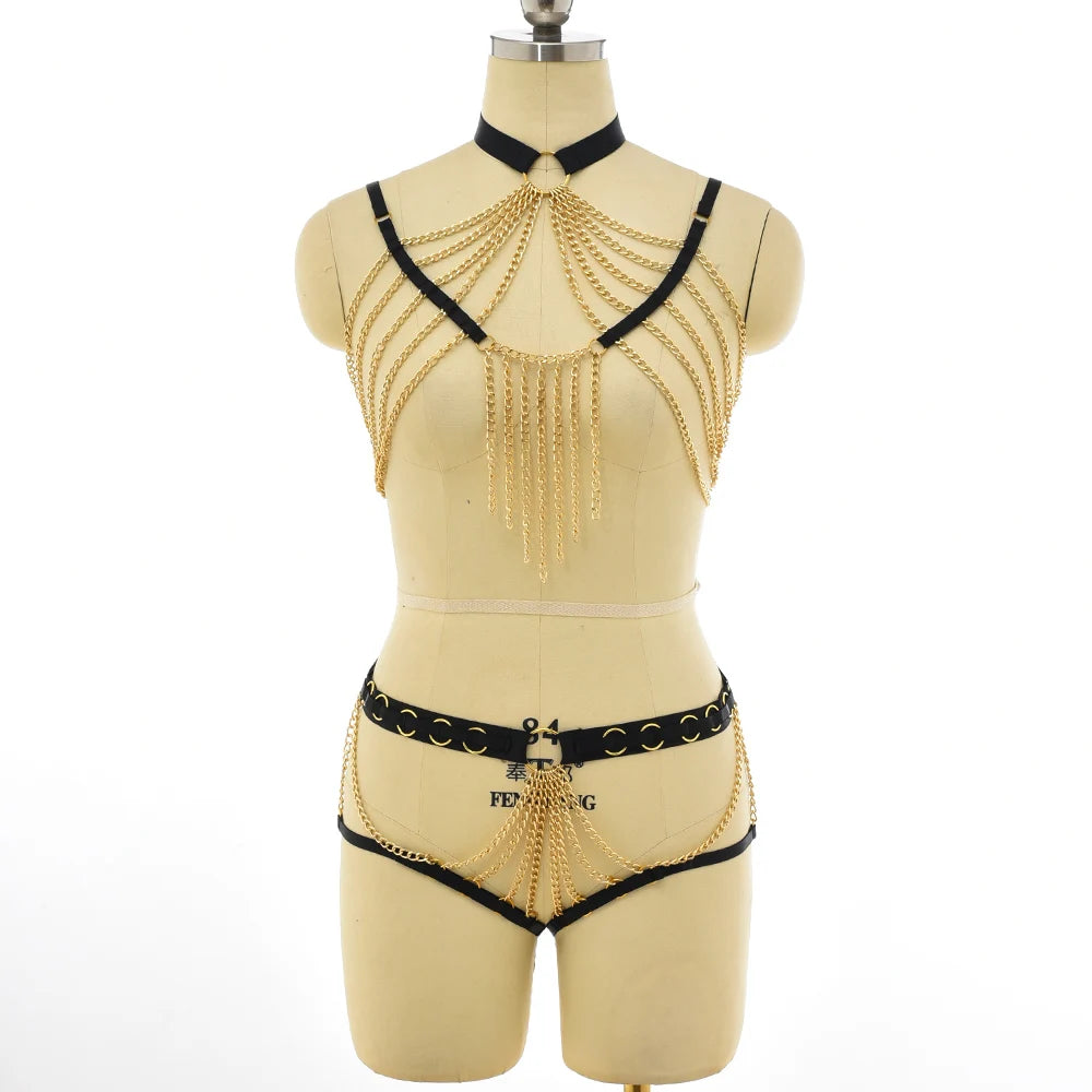 Black Gold Color Accessories Body Harness Lingerie Set Sexy Adjustable G-String Briefs Bondage Crop Top Body Chain Harness Cage