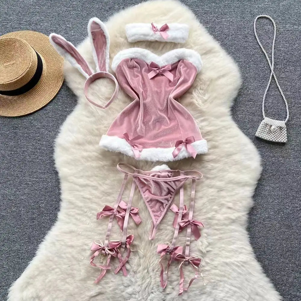 0023 Women's Secret Clothes Erotic Lingerie Sexy V-Neck Lace Up Sleeveless Playsuit Red Patchwork Santa Claus Roleplay