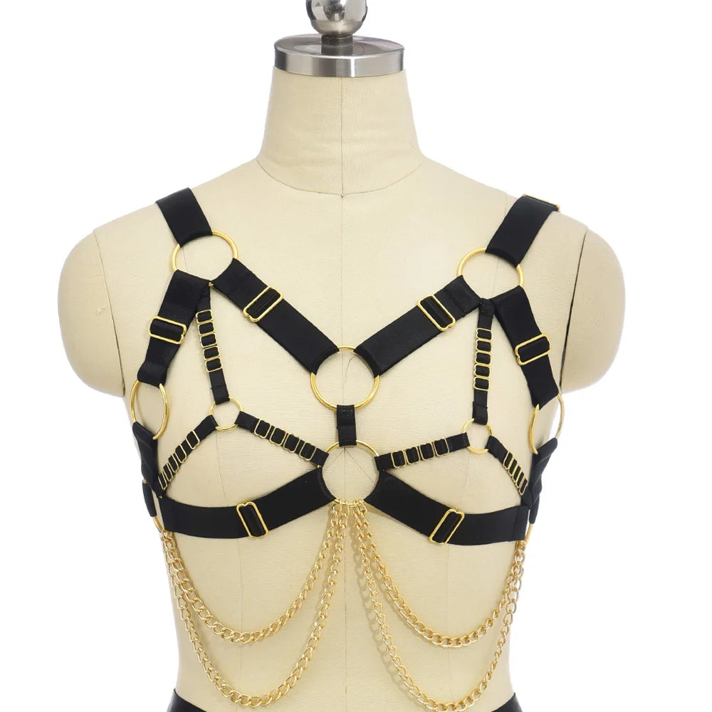 Black Gold Color Accessories Body Harness Lingerie Set Sexy Adjustable G-String Briefs Bondage Crop Top Body Chain Harness Cage