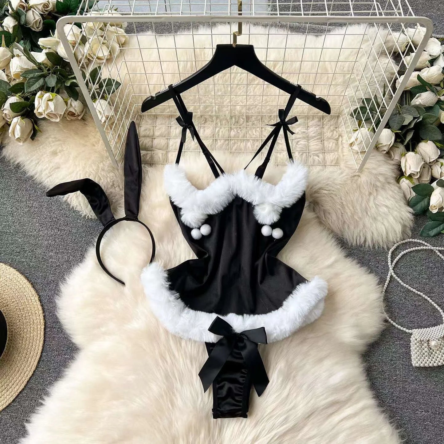 Sexy Lingerie Cosplay Rabbit girl Jumpsuit Belt Women New In Clothies Backless Hollow Out Lace-up Bodysuit Sweet