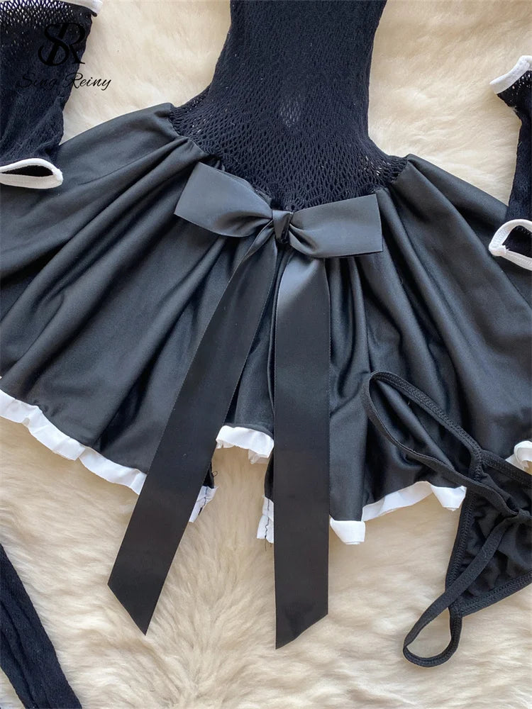 0025 SINGREINY Women Cute Cat Erotic Night Dress Strapless Slim Bow Backless Nightwear Female Hollow Out Sheer Uniform Sexy Pajamas