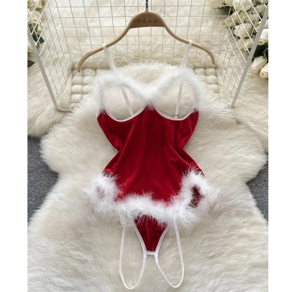 0023 Women's Secret Clothes Erotic Lingerie Sexy V-Neck Lace Up Sleeveless Playsuit Red Patchwork Santa Claus Roleplay