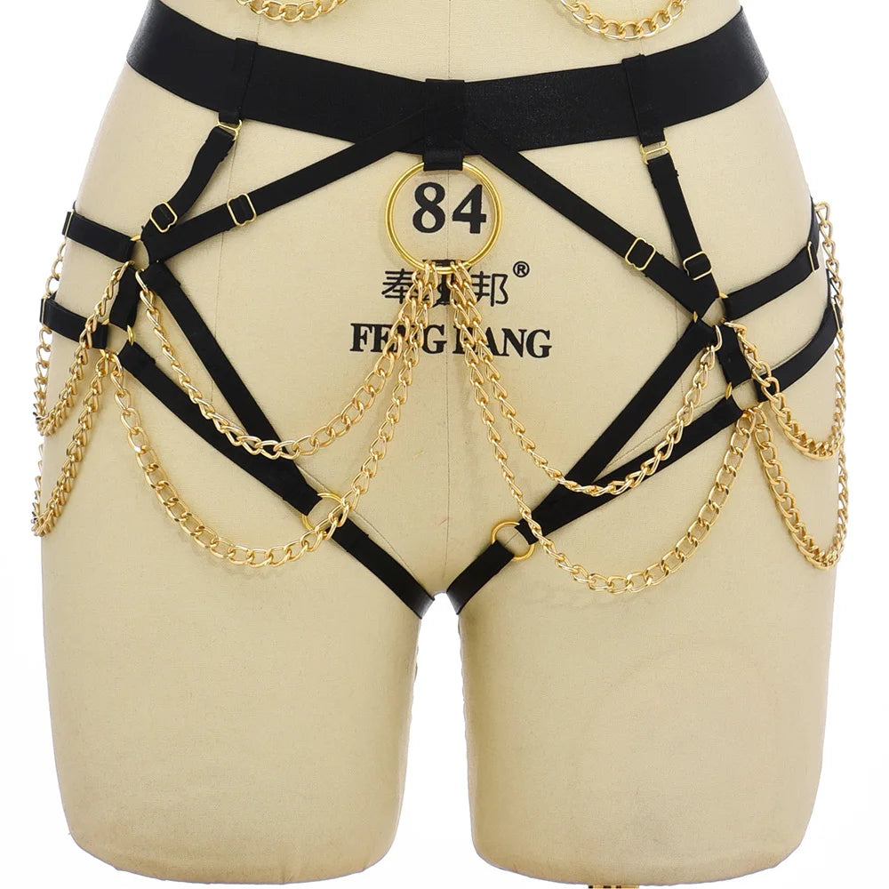 Black Gold Color Accessories Body Harness Lingerie Set Sexy Adjustable G-String Briefs Bondage Crop Top Body Chain Harness Cage