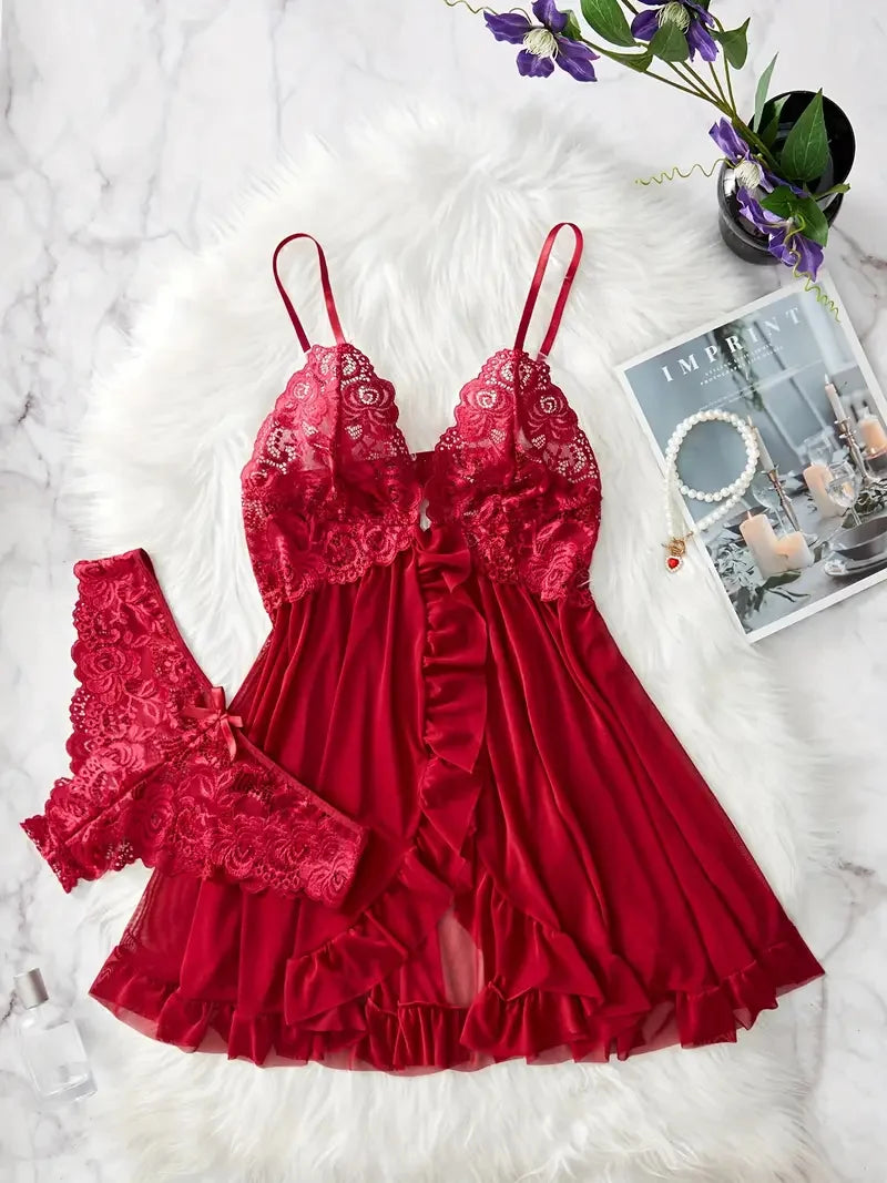0021 Contrast Lace Ruffle Trim Lingerie Set, Deep V Slip Dress & Thong, Women's Sexy Lingerie & Underwear