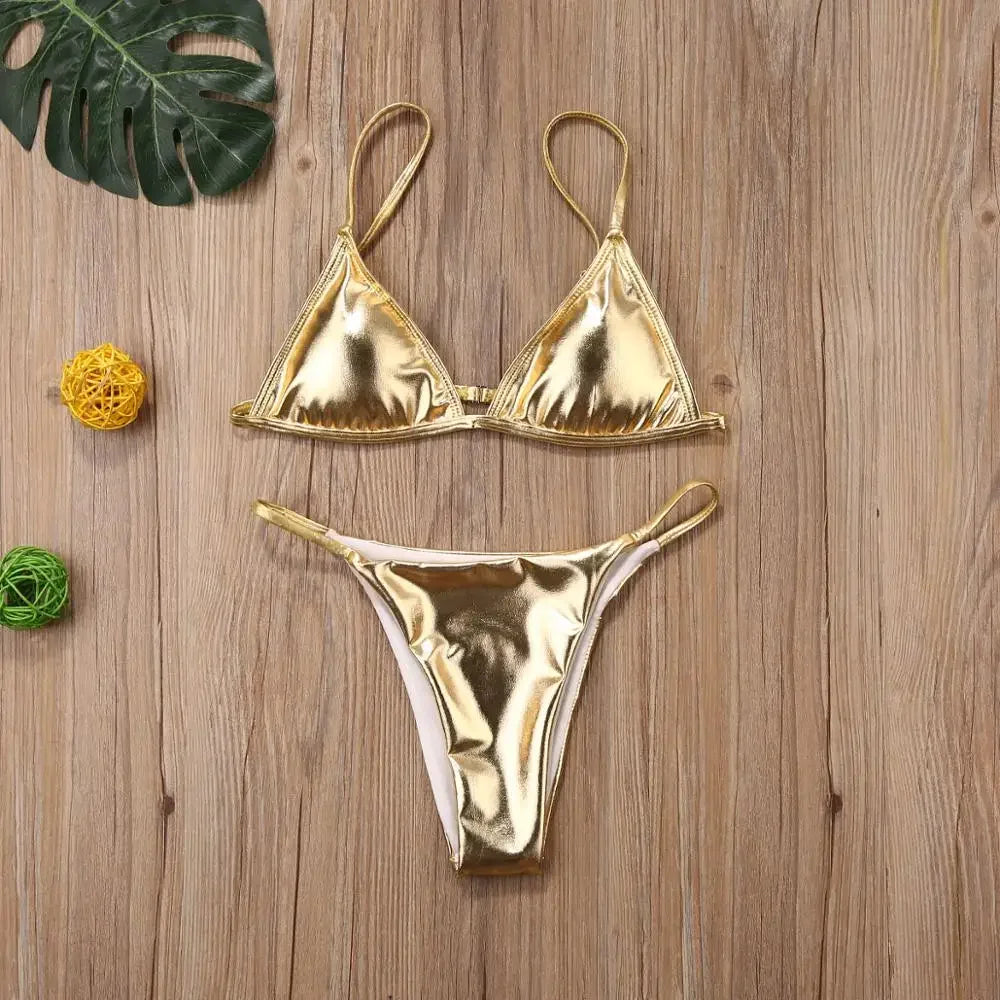 0025 Summer Push Up Padded Bra Bathing Suit Beach Wear Women Sexy Thong Bikini Set Silver Gold Sequinis Biquini Swimwear
