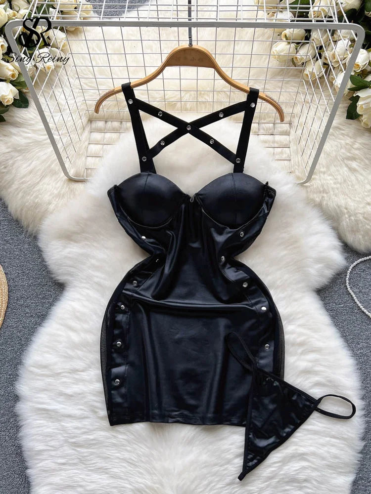 0025 SINGREINY Party Camis Women Sexy Pajamas Dress Hollow Out Backless Bodycon Night Dress Streetwear Club Leather Erotic Nightwear