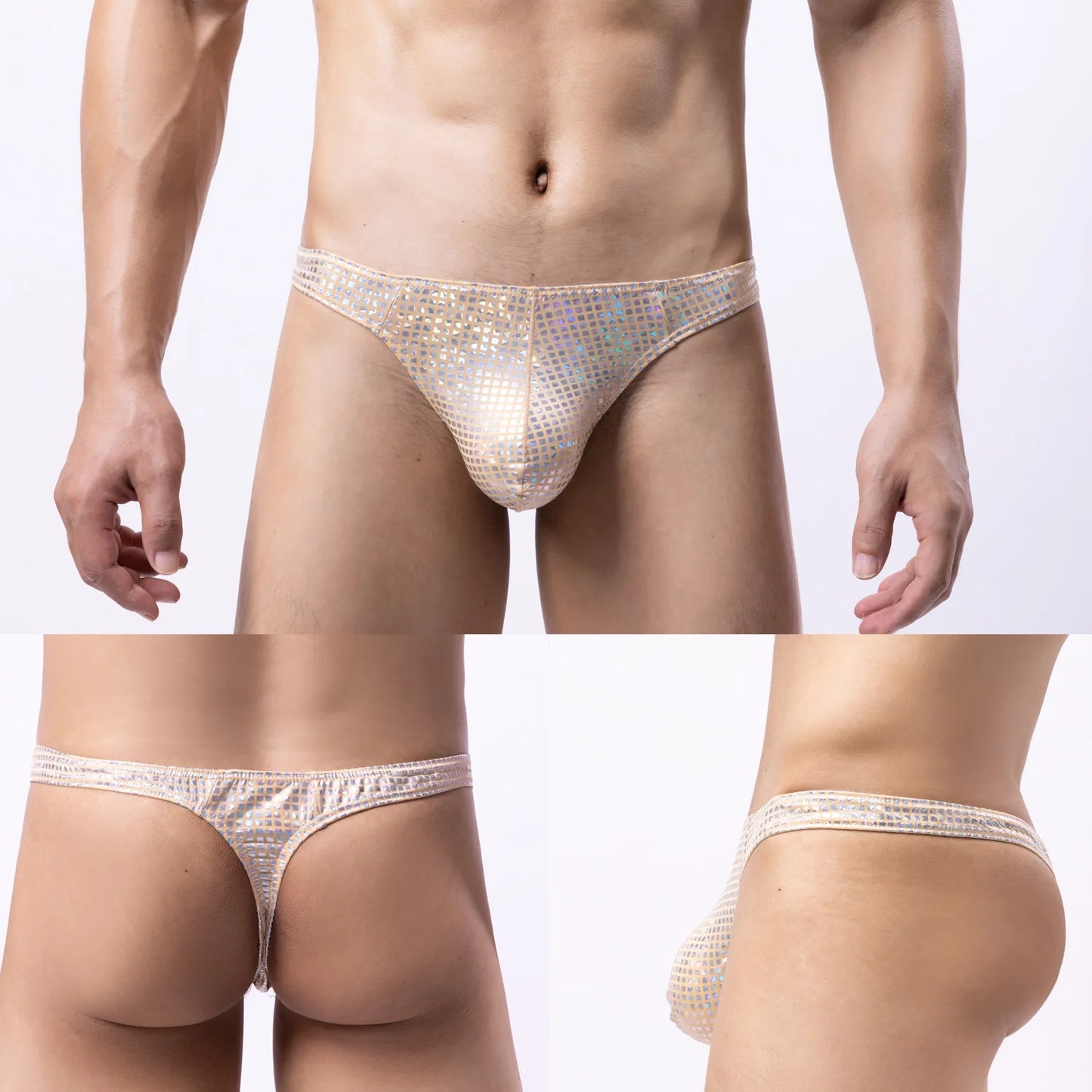 0030 Men Erotic T Back Thong Youth Fashionable Shiny Gold Finish G-string Gay Sexy Bulge Pouch String Bikini Homme Comfortable Pantie
