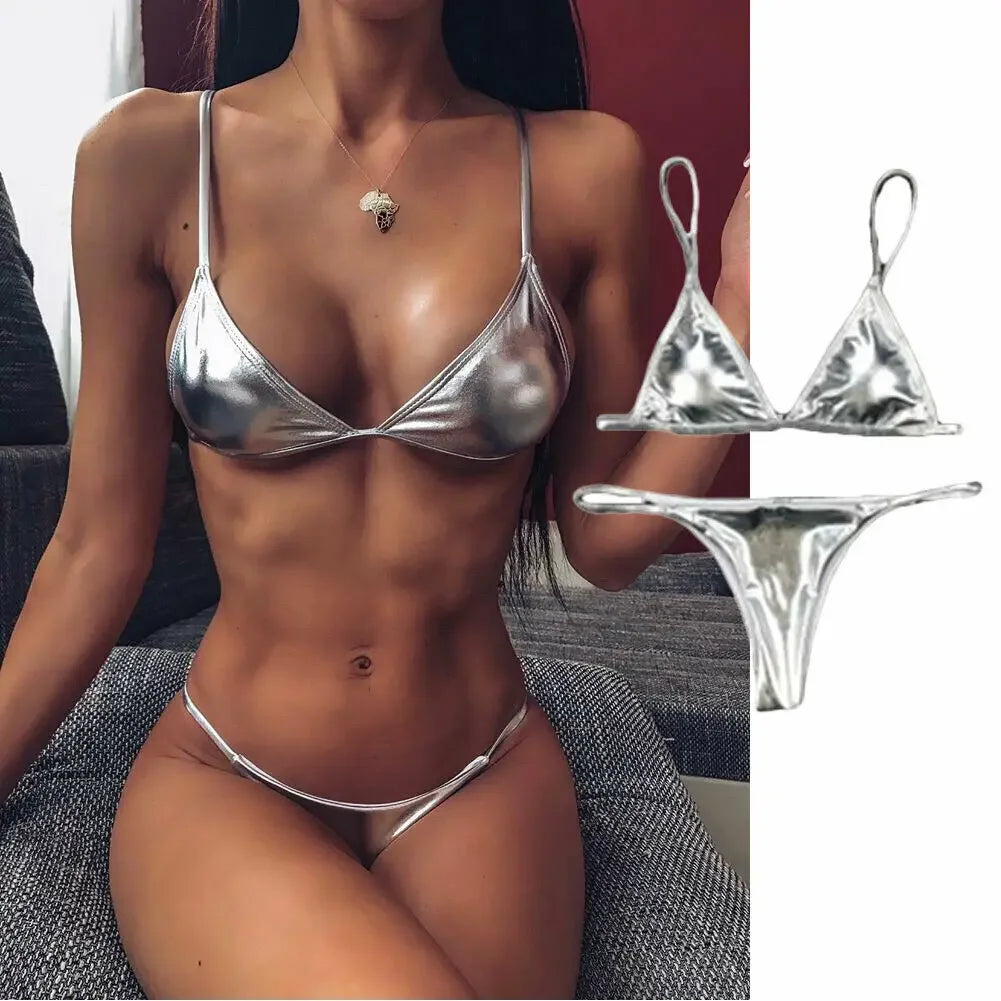 0025 Summer Push Up Padded Bra Bathing Suit Beach Wear Women Sexy Thong Bikini Set Silver Gold Sequinis Biquini Swimwear