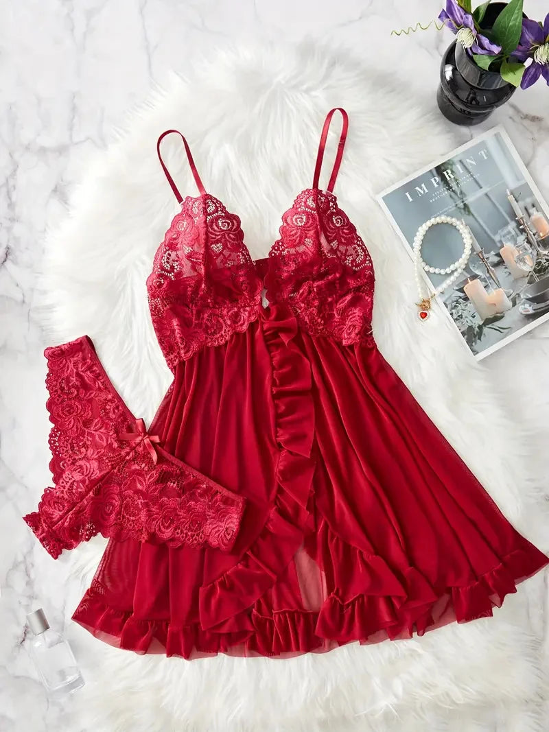 0021 Contrast Lace Ruffle Trim Lingerie Set, Deep V Slip Dress & Thong, Women's Sexy Lingerie & Underwear