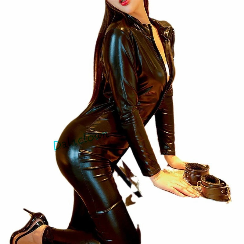 0025 Sexy Wetlook PVC Latex Bodysuit For Women Open Crotch Nightclub Dance Wear Unitard Leather Lingerie Jumpsuit Catsuit
