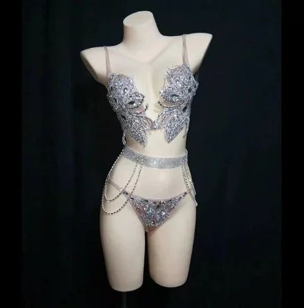 0021 Diamond Bra Gold Black Silver Rhinestones Bikini Set DJ Nightclub Bar Sexy Performance Costume Women Stage Wear Pole Dancing