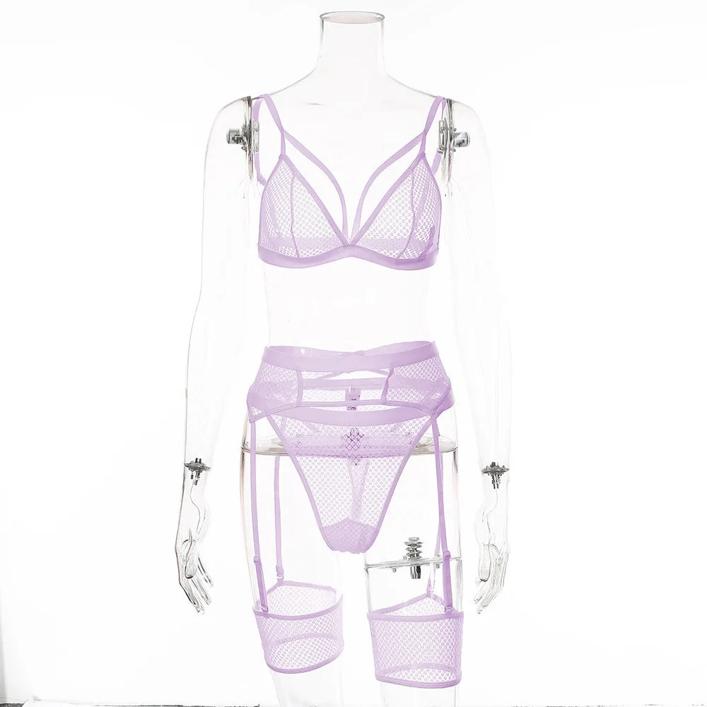 0004 3pcs Erotic Hot Perspective Sex Lingerie Women Fashion Lace Bra Brief Sets Sexy Underwear Thong Garter Belt Sleepwear Green