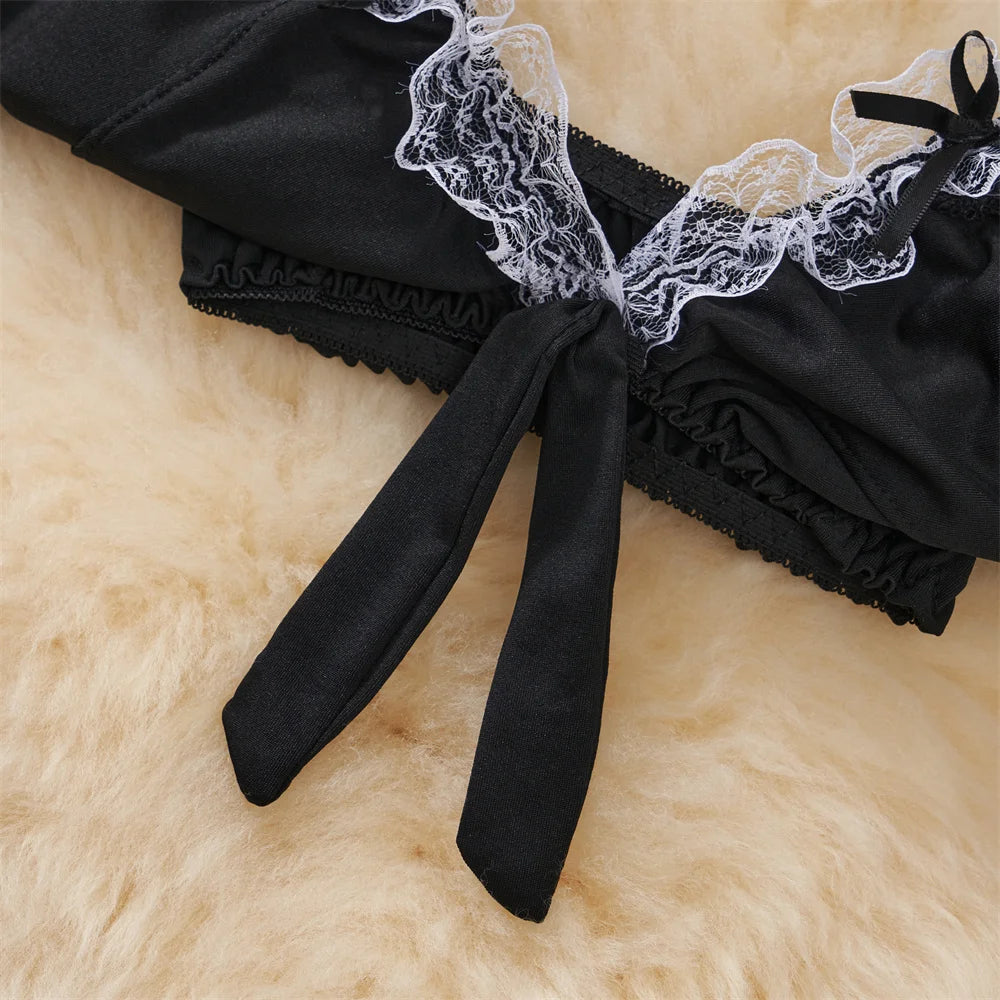 0025 Sexy Hotsweet Women's Secret Clothes Maid Cosplay Uniform Sexy Lingerie V-Neck Crop Top Elastic Waist A-Line Short Skirt Set
