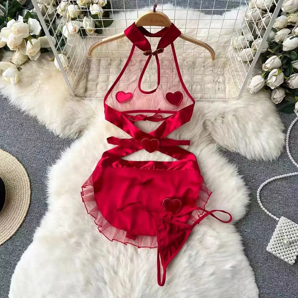 0023 Women's Secret Clothes Erotic Lingerie Sexy V-Neck Lace Up Sleeveless Playsuit Red Patchwork Santa Claus Roleplay
