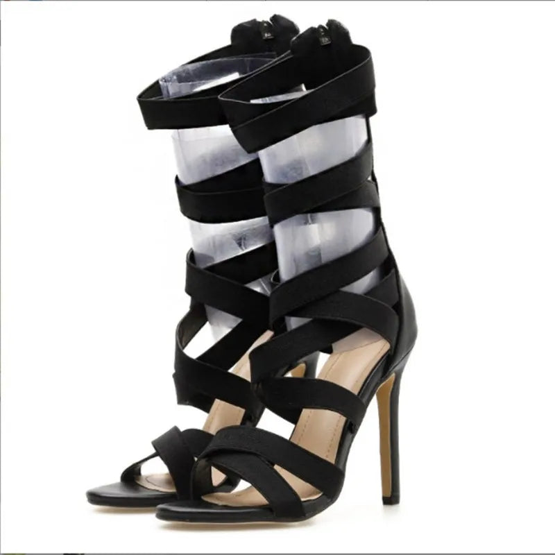 Sandals Women Cross Strap Thin Heel Roman High Heels Dance Shoes New Summer New Sexy Hollow Designer Casual Women's Shoes ZIP