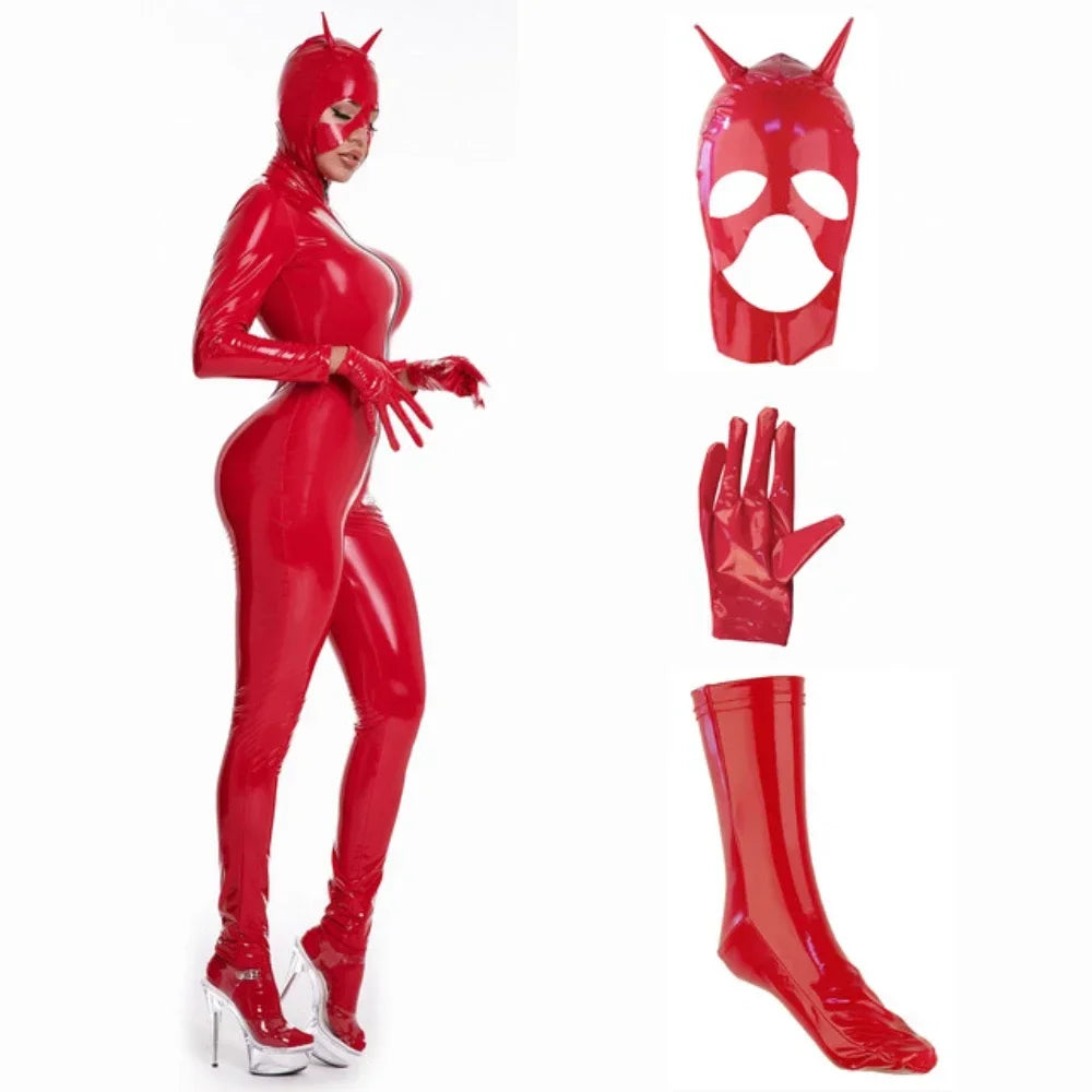 0015 2024 New Women Sexy Wetlook Latex Catsuit with Mask PVC Faux Leather Jumpsuit Lady Erotic Costume PU Lingerie Bodysuit Clubwear