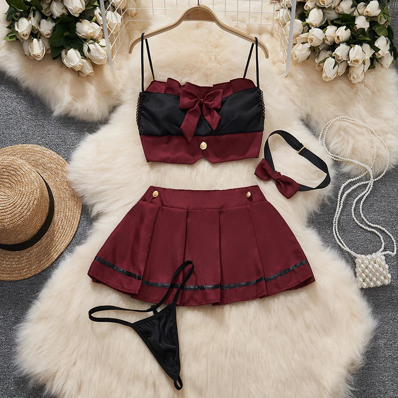 0021 Bow Sleeveless Camisole Crop Top Lingerie 2-piece Set Pleated Skirt Hotsweet Cosplay Suits Clothing Y2K Sexy Towys Costume Women