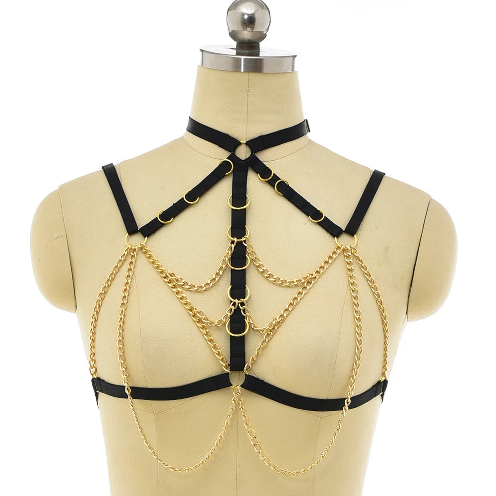 Black Gold Color Accessories Body Harness Lingerie Set Sexy Adjustable G-String Briefs Bondage Crop Top Body Chain Harness Cage