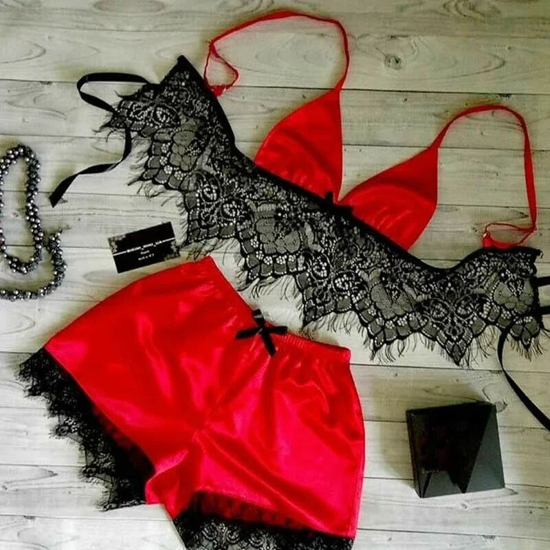 012 New Women Pajama Sets Sexy Lingerie Underwear Silk Satin Pajamas Crop Tops Bra+Shorts Sets Sexy V-Neck Sleeveless Nightwear