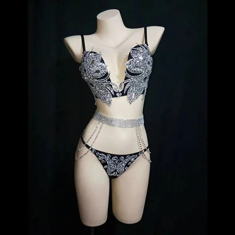 0021 Diamond Bra Gold Black Silver Rhinestones Bikini Set DJ Nightclub Bar Sexy Performance Costume Women Stage Wear Pole Dancing