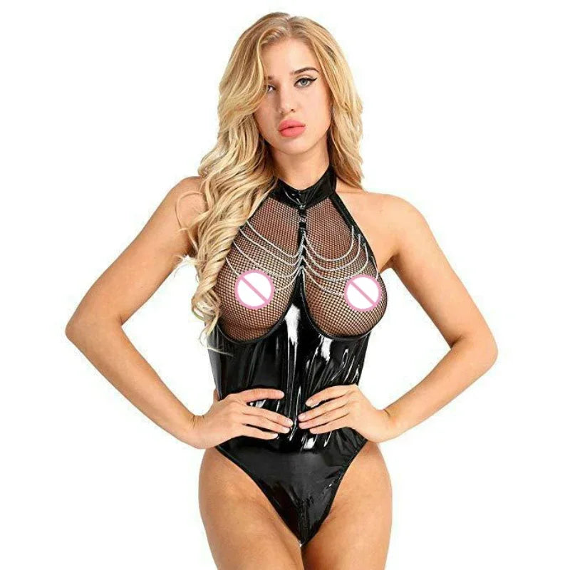 0012 Erotic Sexy Crotchless Latex Catsuit Fishnet Clothing Open Crotch Jumpsuit Patent Leather Breast Exposing Bodysuit Lingerie