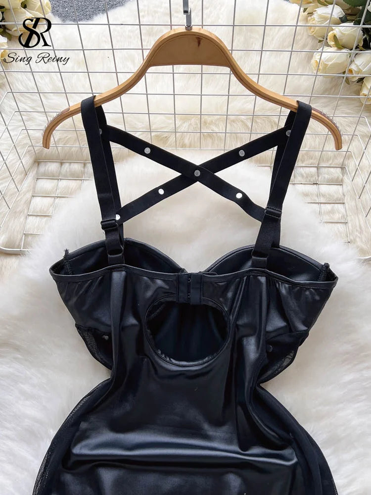0025 SINGREINY Party Camis Women Sexy Pajamas Dress Hollow Out Backless Bodycon Night Dress Streetwear Club Leather Erotic Nightwear
