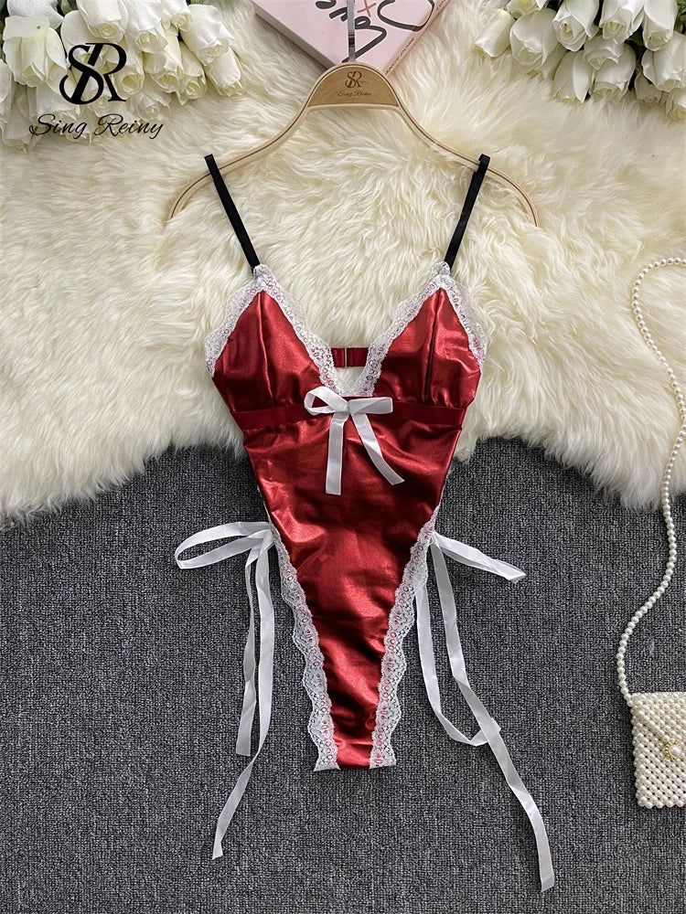 SINGREINY Christmas Leather Sexy Bodysuit Strap Bandage Design Lingerie Rompers 2024 V Neck Hollow Out Backless Erotic Playsuit