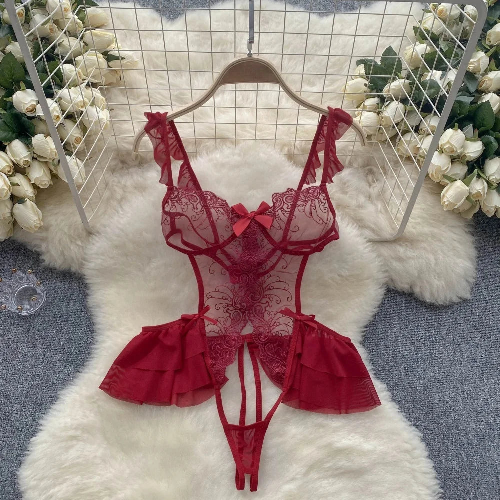 0023 Women's Secret Clothes Erotic Lingerie Sexy V-Neck Lace Up Sleeveless Playsuit Red Patchwork Santa Claus Roleplay