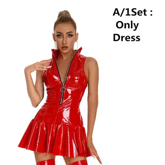 0025 Women's Leather Dress Plus Size Women Sexy Shiny PVC Latex Mini Skirt With Gloves And Stocking Pole Dance Pleated Latex Dress