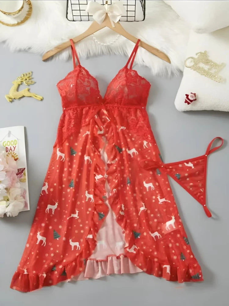 0021 Contrast Lace Ruffle Trim Lingerie Set, Deep V Slip Dress & Thong, Women's Sexy Lingerie & Underwear